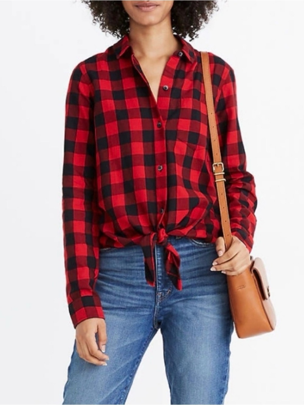 Madewell - Buffalo Check Red And Black Plaid Long Sleeve Tie Front Blouse SZ XL